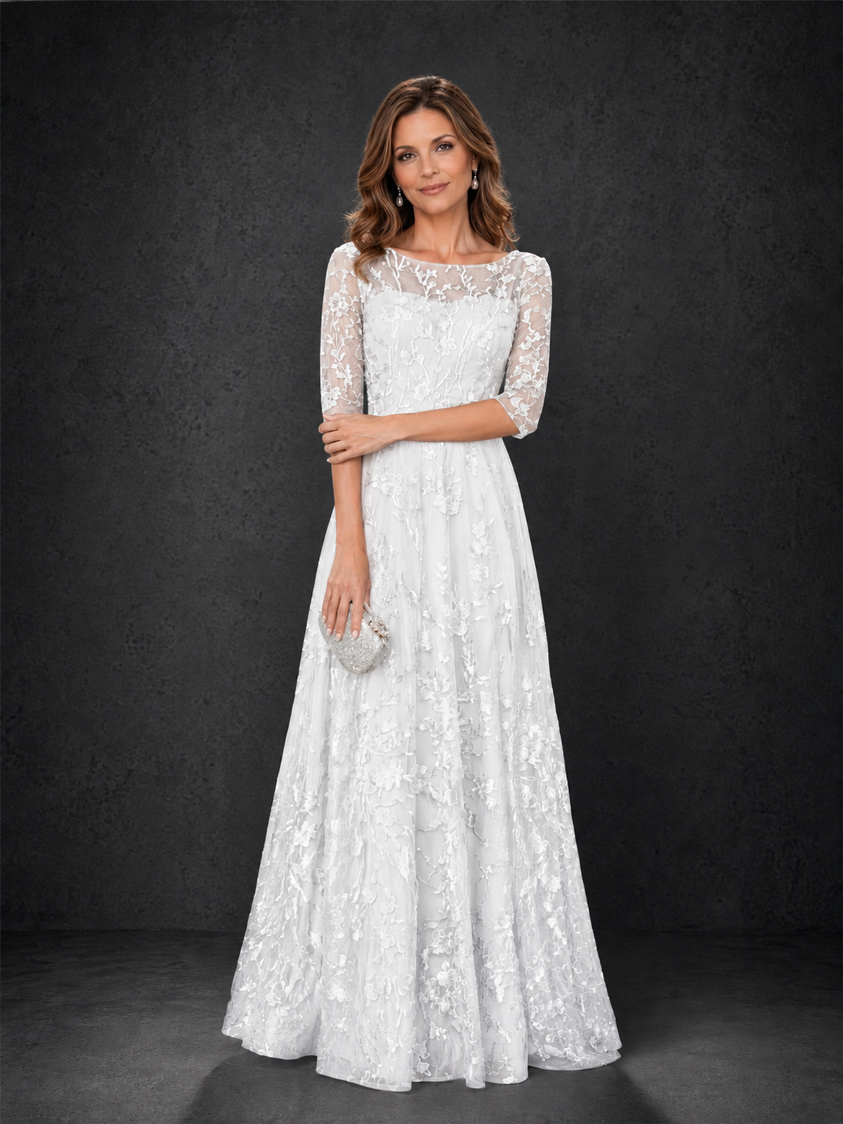 BOLODOO White Illusion Bateau Neck 3/4 Sleeve Floral Lace A-Line Mother of the Bride Dress MX007 - White - White_03