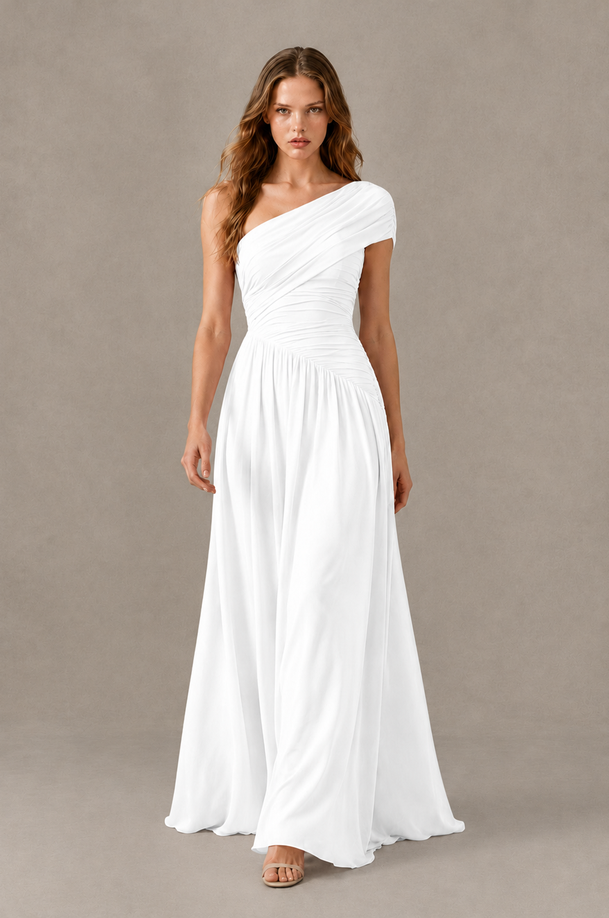 BOLODOO White One-Shoulder Ruched Floor-Length Bridesmaid Dress - White - White_03