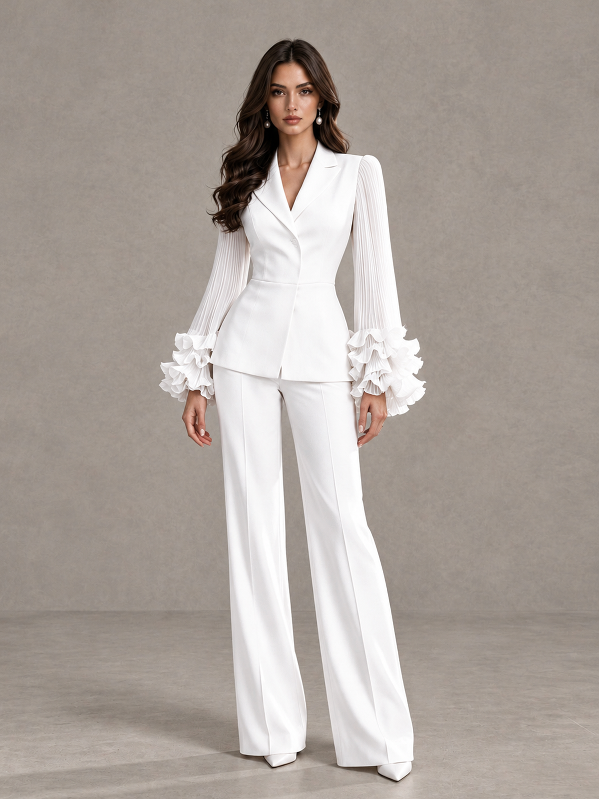 BOLODOO White Mother of the Bride Pant Suit – Pleated Long Sleeve Ruffle Cuff Wide Leg Trouser Suit - White - White_03