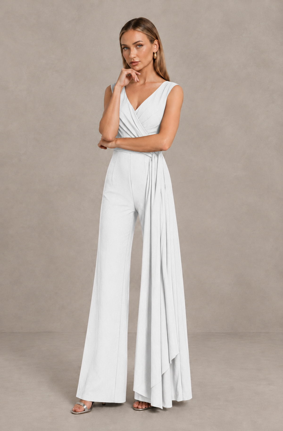 BOLODOO White Sleeveless V-Neck Wide-Leg Jumpsuit with Side Drape - White - White_03