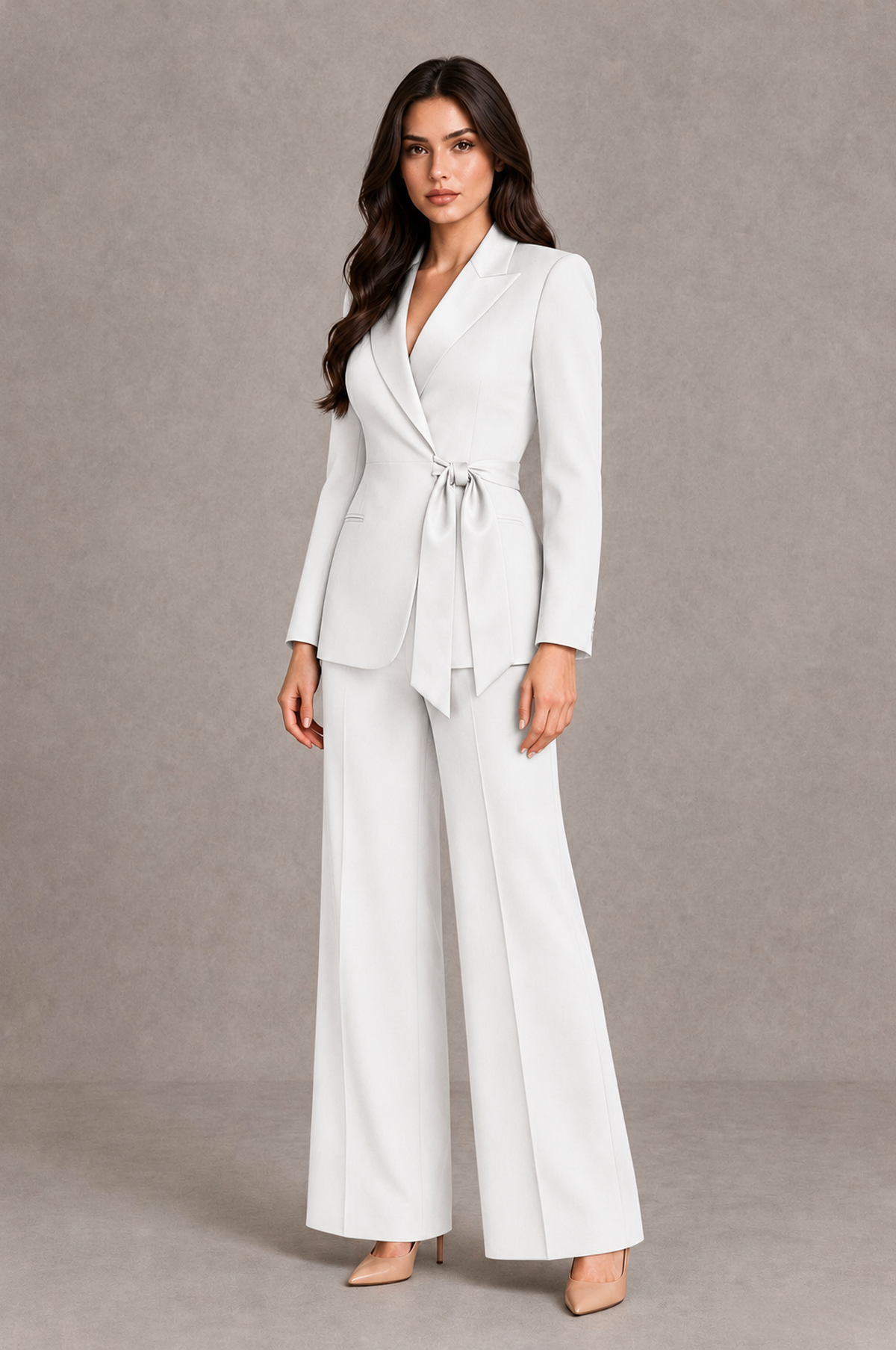 BOLODOO White Tie-Waist Blazer & Wide-Leg Pantsuit - White - White_03