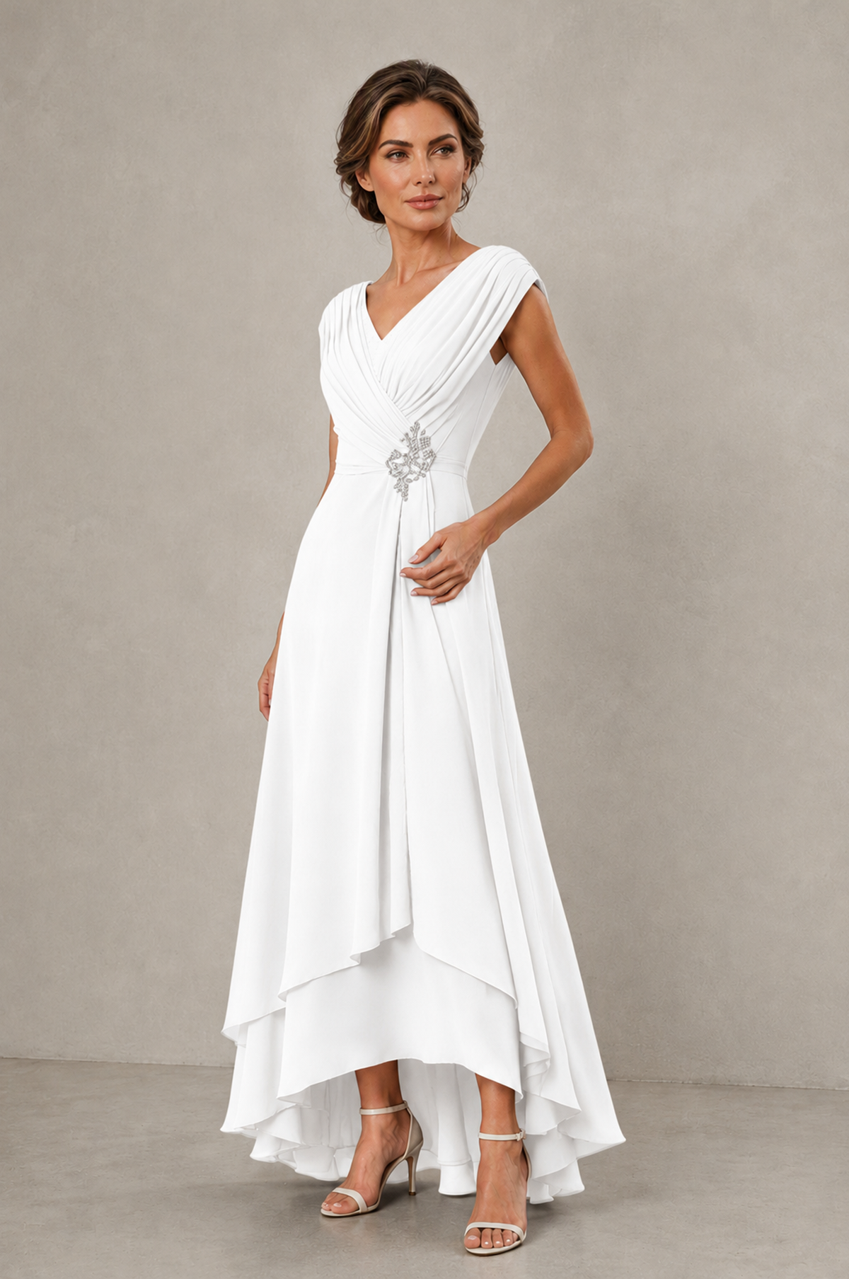 BOLODOO White V-Neck High-Low Mother of the Bride Dress - White - White_03