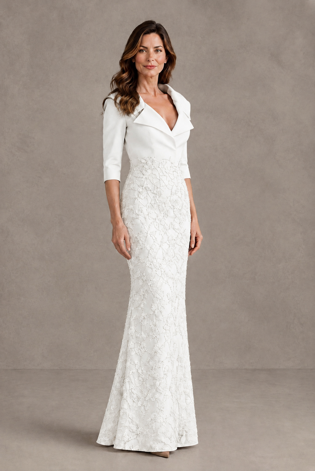 BOLODOO White Three-Quarter Sleeve Mermaid Evening Dress with Floral Detail - White - White_03