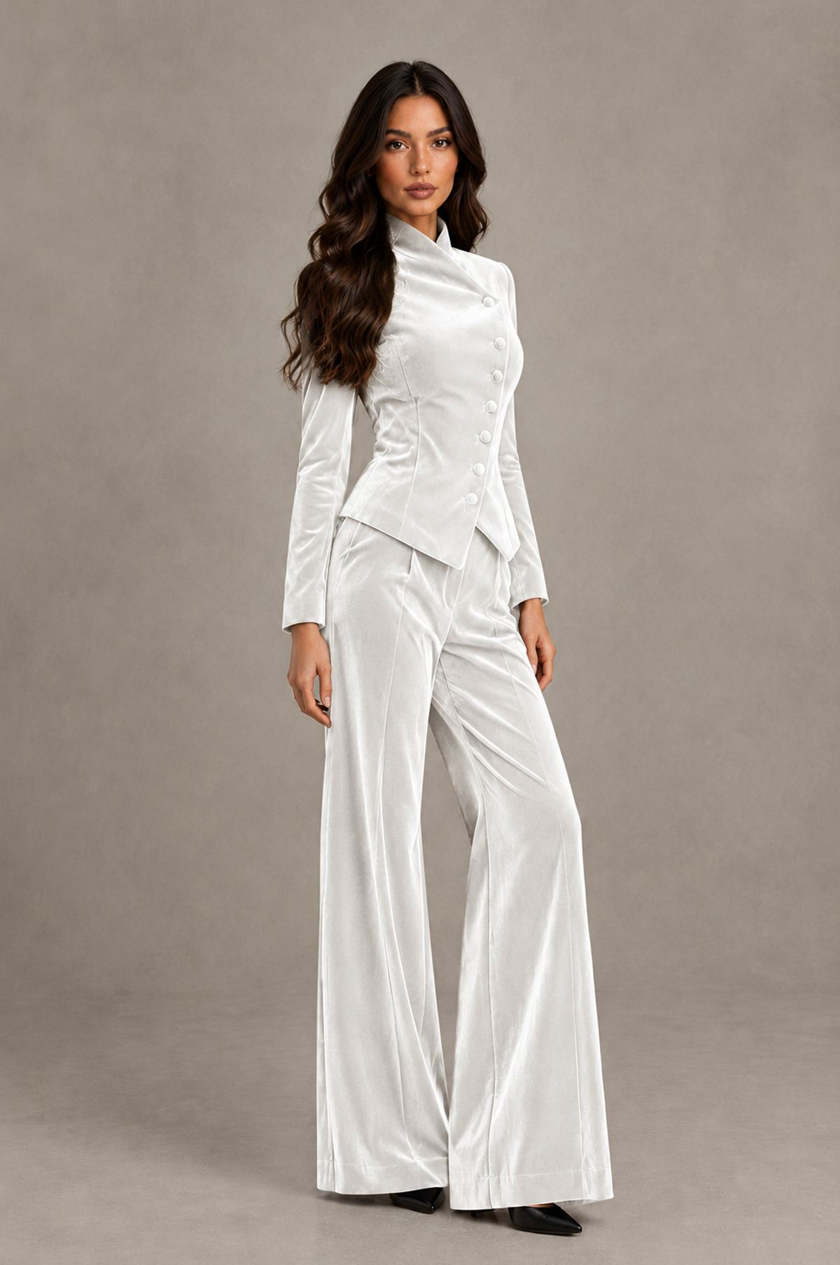 BOLODOO White Velvet Two-Piece Pantsuit with Long Sleeve Blazer & Wide-Leg Trousers - White - White_03
