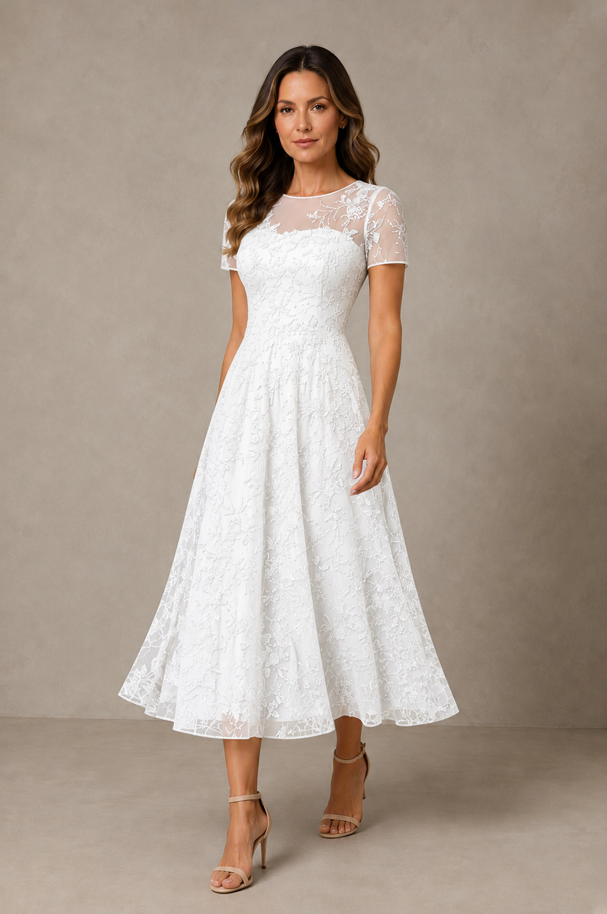 BOLODOO White Textured Floral A-Line Dress with Short Sleeves - White - White_03