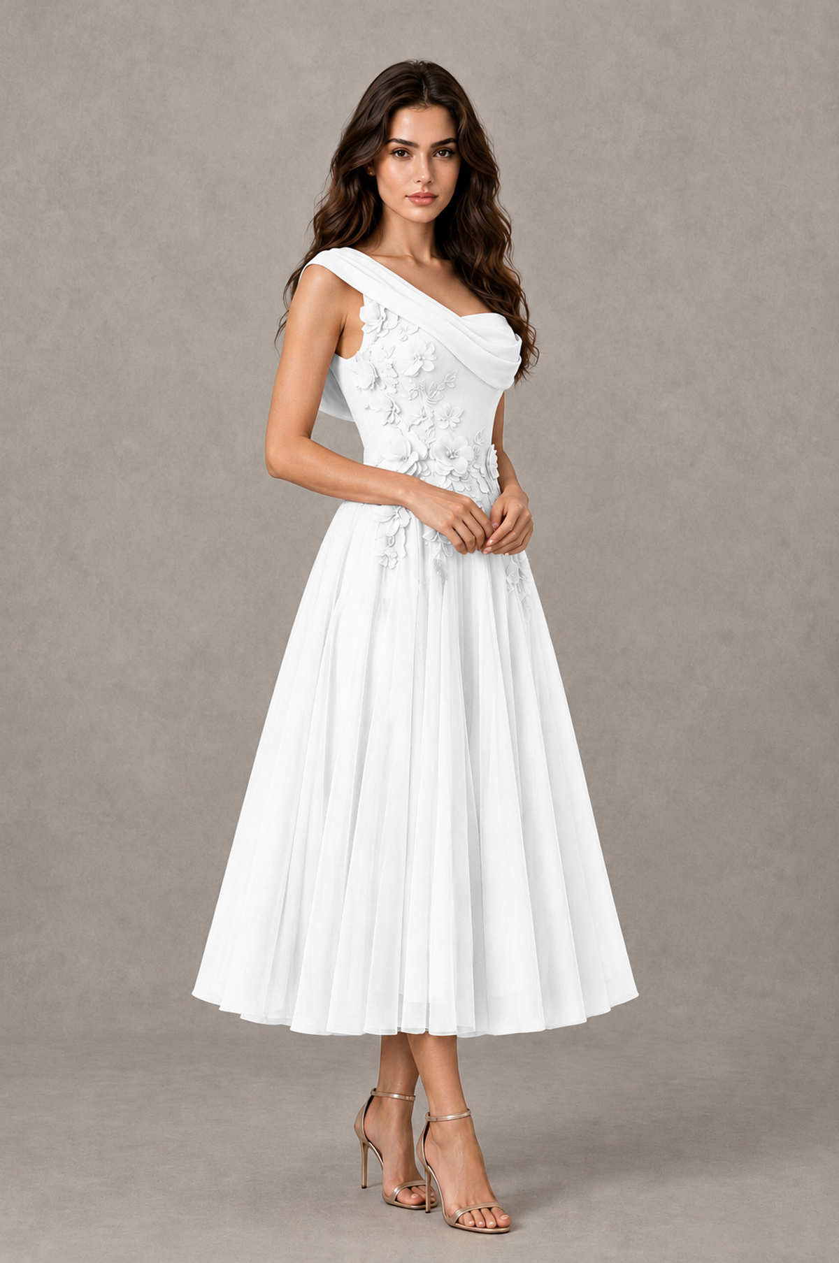 BOLODOO White One-Shoulder Floral Tulle Tea-Length Dress - White - White_03
