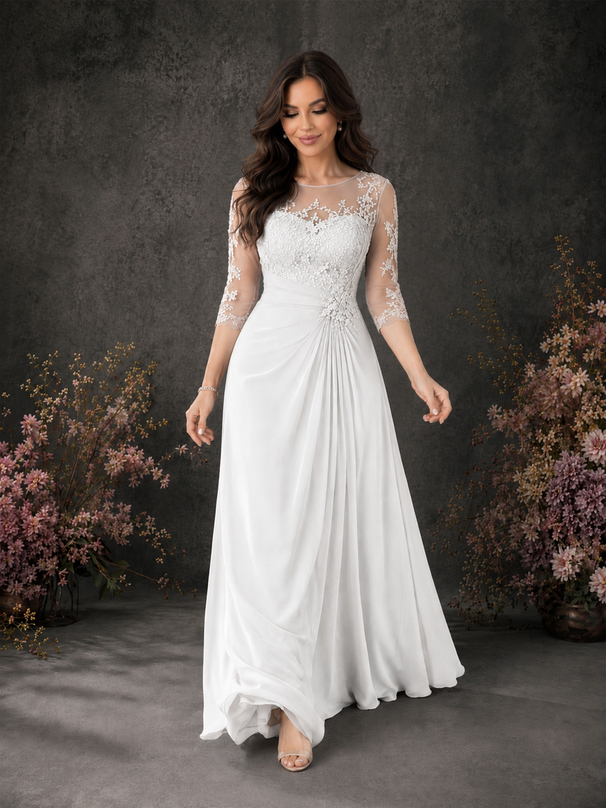 BOLODOO White Chiffon Lace Illusion Neckline 3/4 Sleeve Floor Length Formal Gown - White - White_03