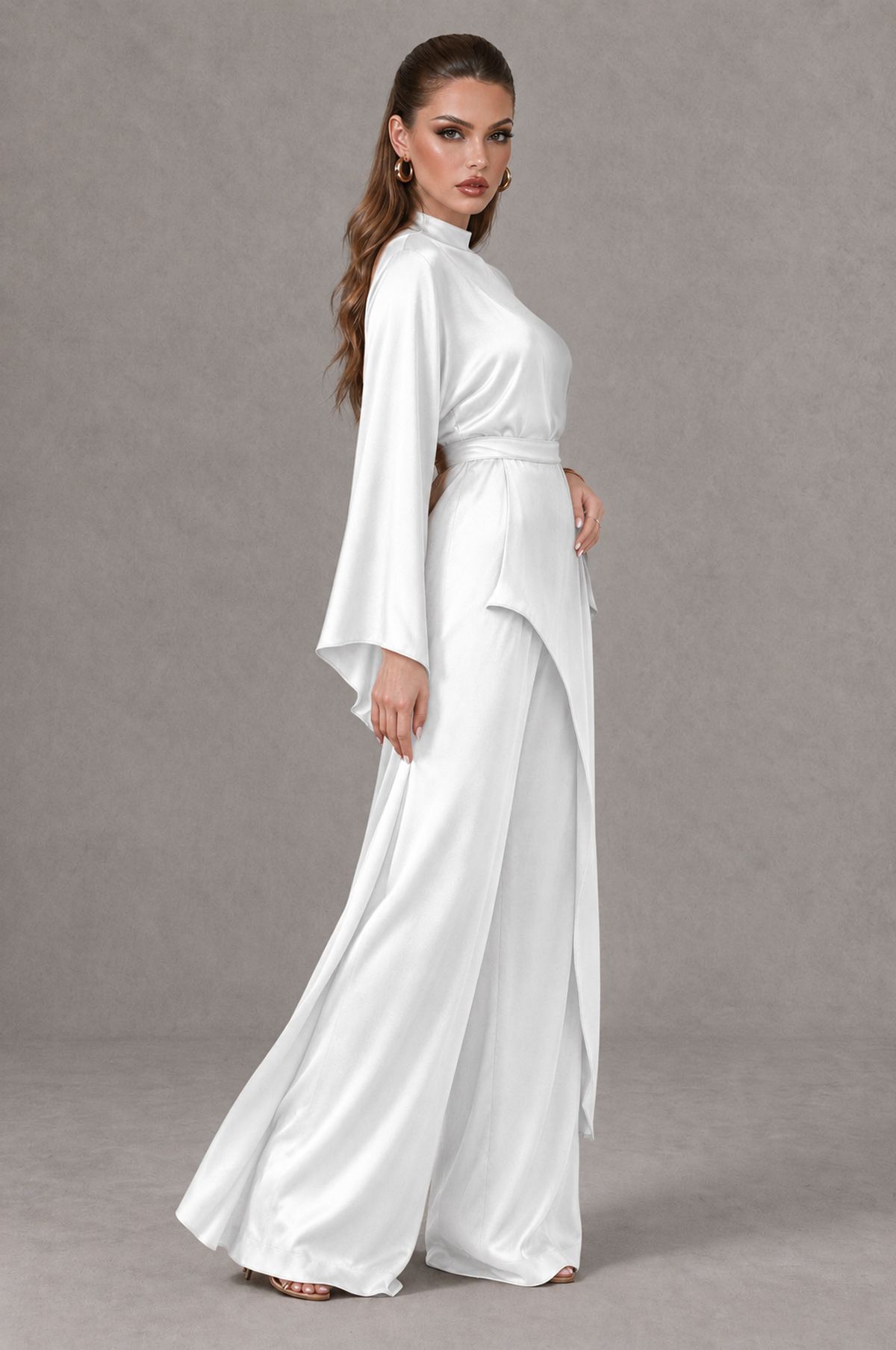 BOLODOO White Satin-Look Long Sleeve Wide-Leg Jumpsuit - White - White_03