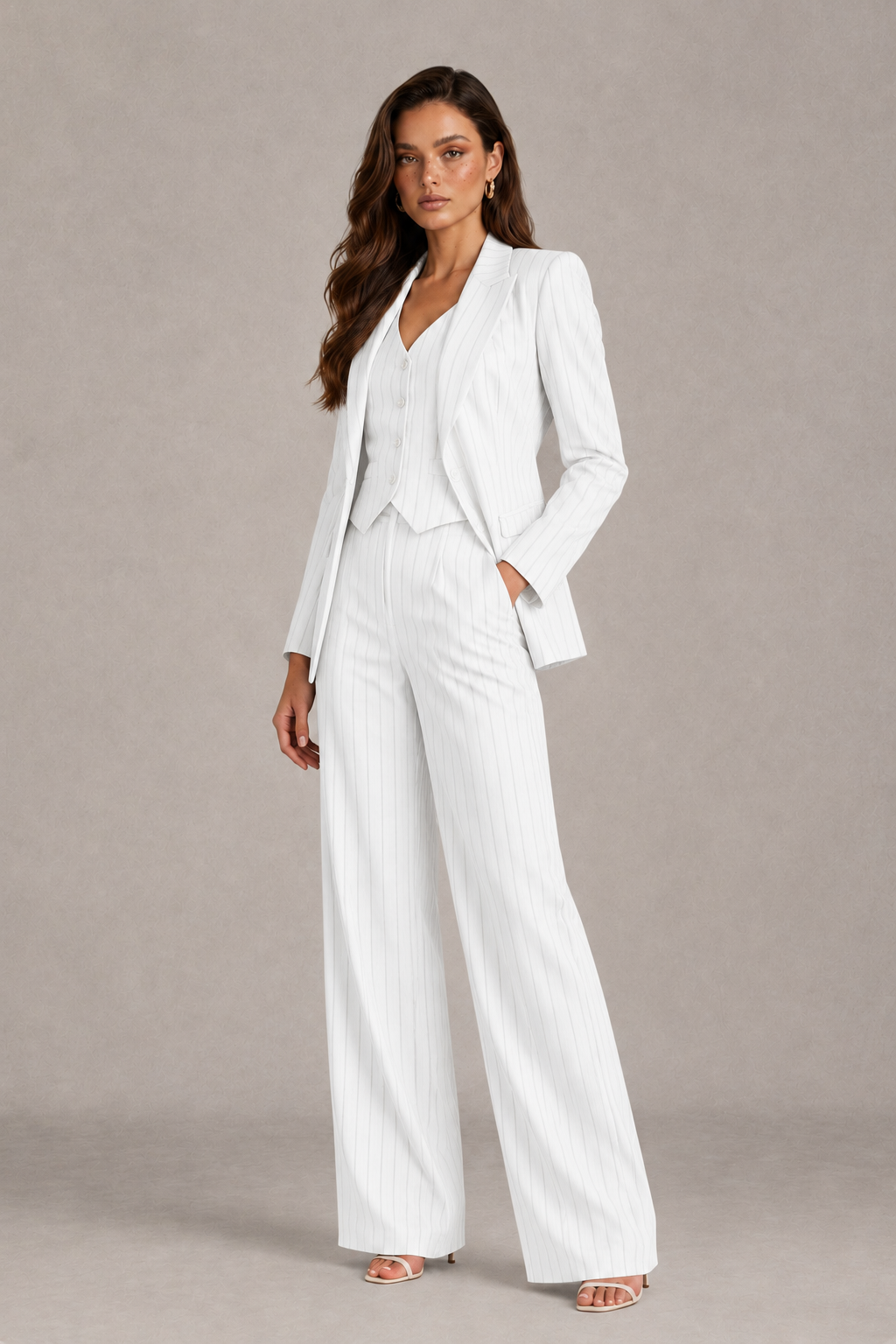 BOLODOO Women's White Pinstripe Three-Piece Pantsuit with Wide-Leg Trousers - White - White_03