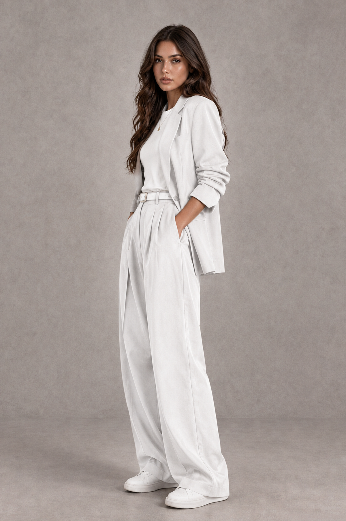 BOLODOO White Brown Blazer & Wide-Leg Pants Suit for Women - White - White_03