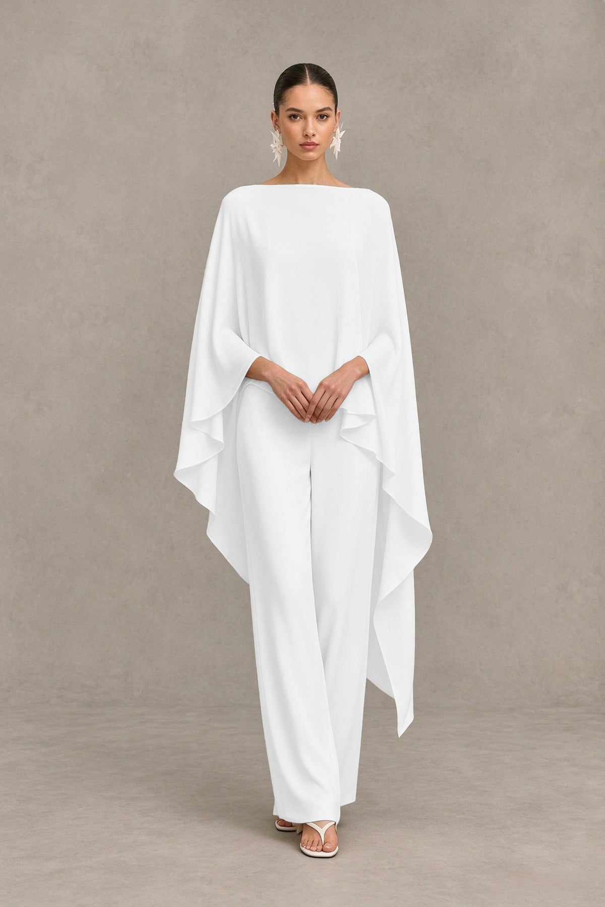 BOLODOO White Cape Sleeve Wide-Leg Formal Pantsuit - White - White_04