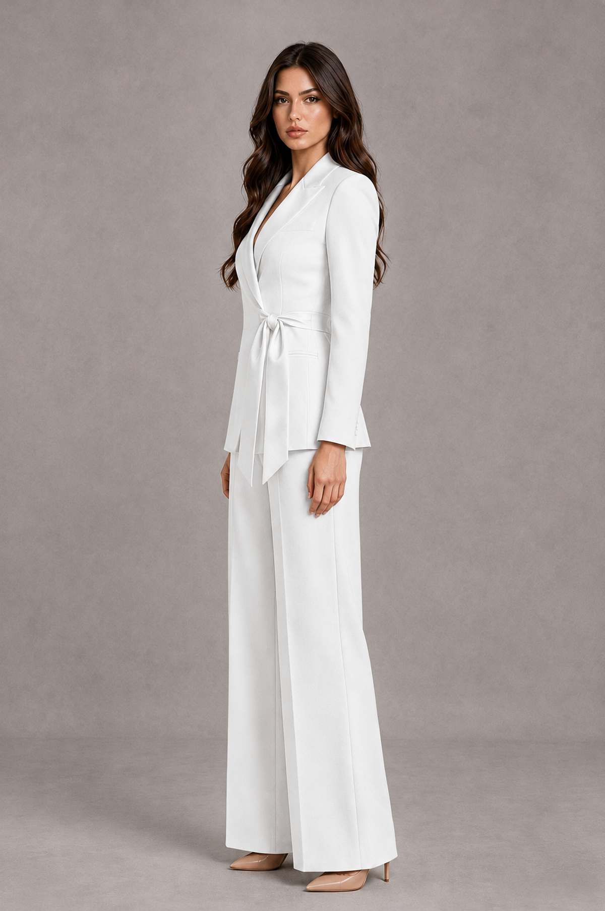 BOLODOO White Tie-Waist Blazer & Wide-Leg Pantsuit - White - White_04