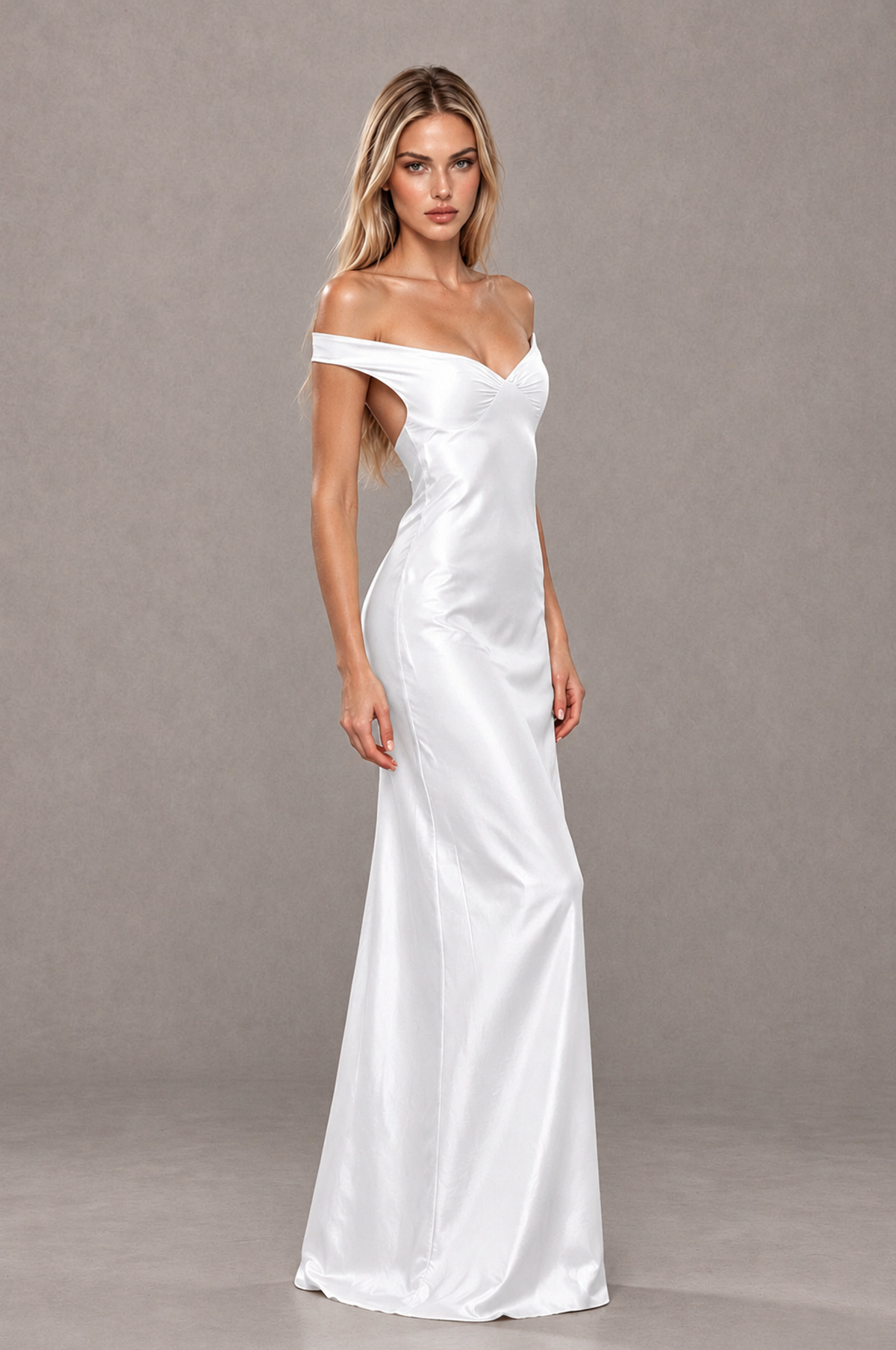 BOLODOO White Off-Shoulder Open-Back Satin Evening Gown - White - White_04
