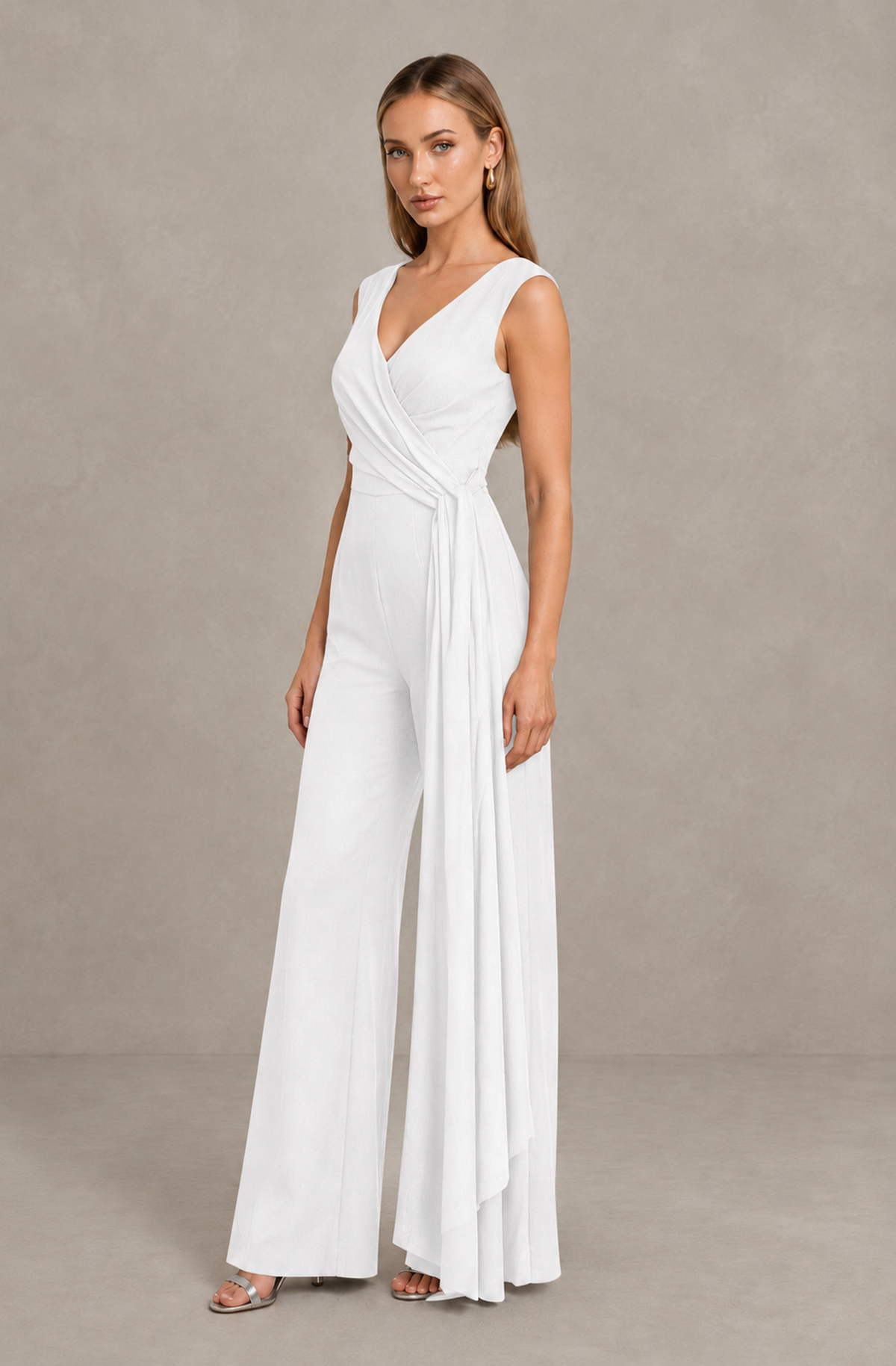 BOLODOO White Sleeveless V-Neck Wide-Leg Jumpsuit with Side Drape - White - White_04