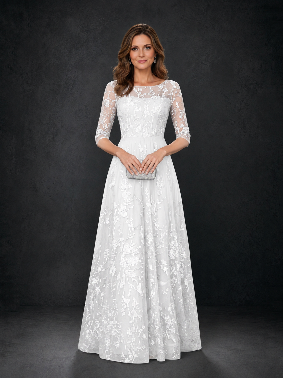 BOLODOO White Illusion Bateau Neck 3/4 Sleeve Floral Lace A-Line Mother of the Bride Dress MX007 - White - White_04