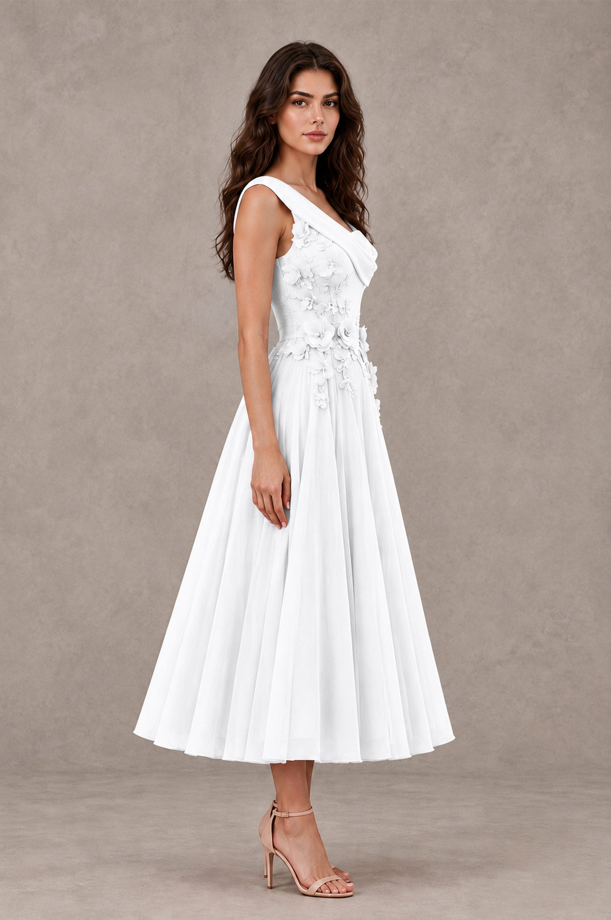 BOLODOO White One-Shoulder Floral Tulle Tea-Length Dress - White - White_04