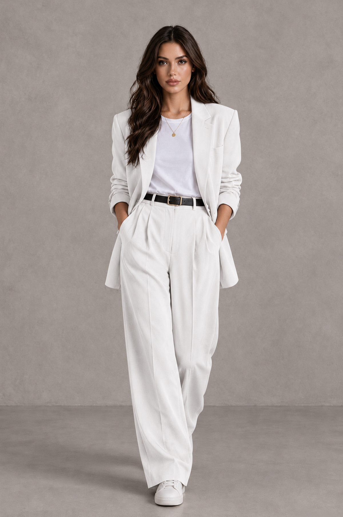 BOLODOO White Brown Blazer & Wide-Leg Pants Suit for Women - White - White_04