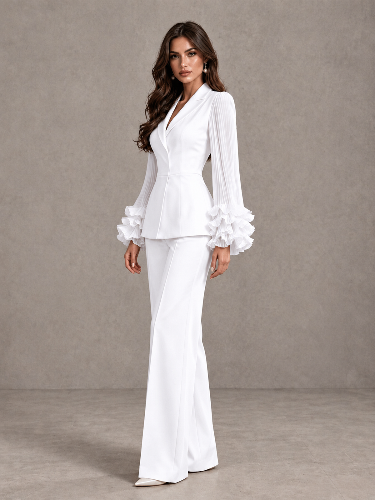 BOLODOO White Mother of the Bride Pant Suit – Pleated Long Sleeve Ruffle Cuff Wide Leg Trouser Suit - White - White_04