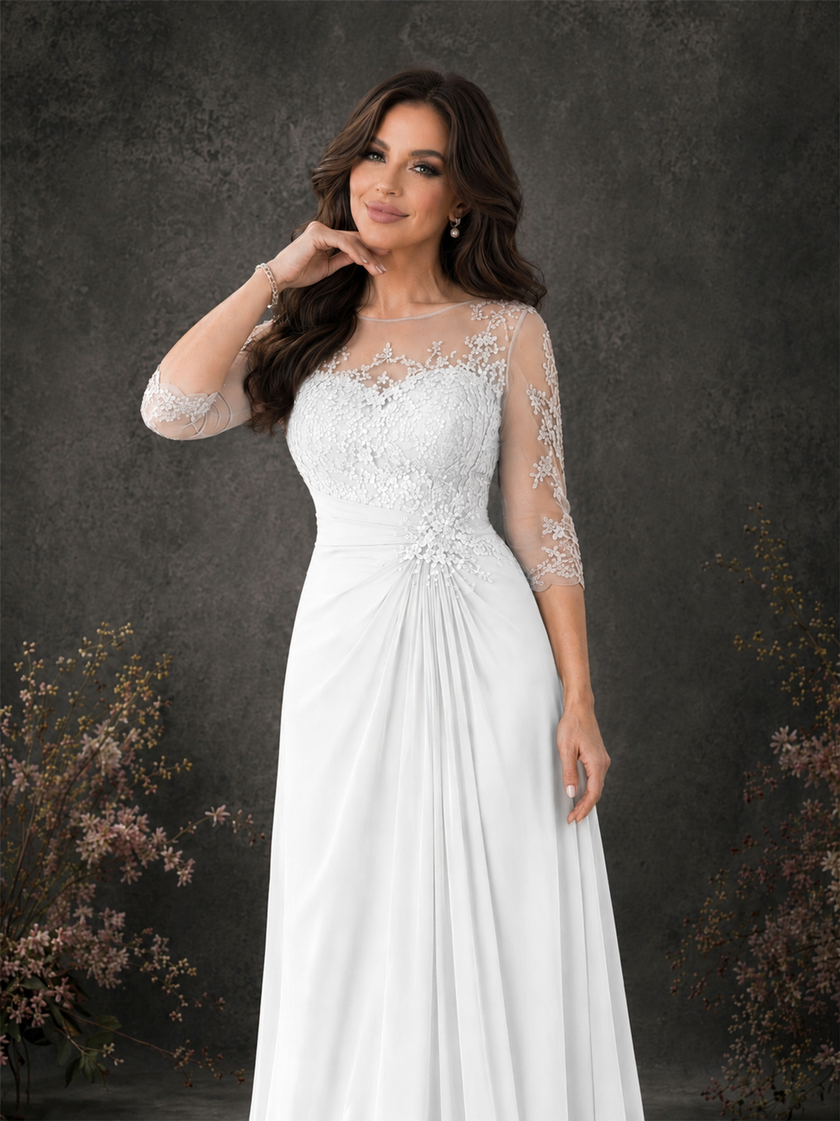 BOLODOO White Chiffon Lace Illusion Neckline 3/4 Sleeve Floor Length Formal Gown - White - White_04