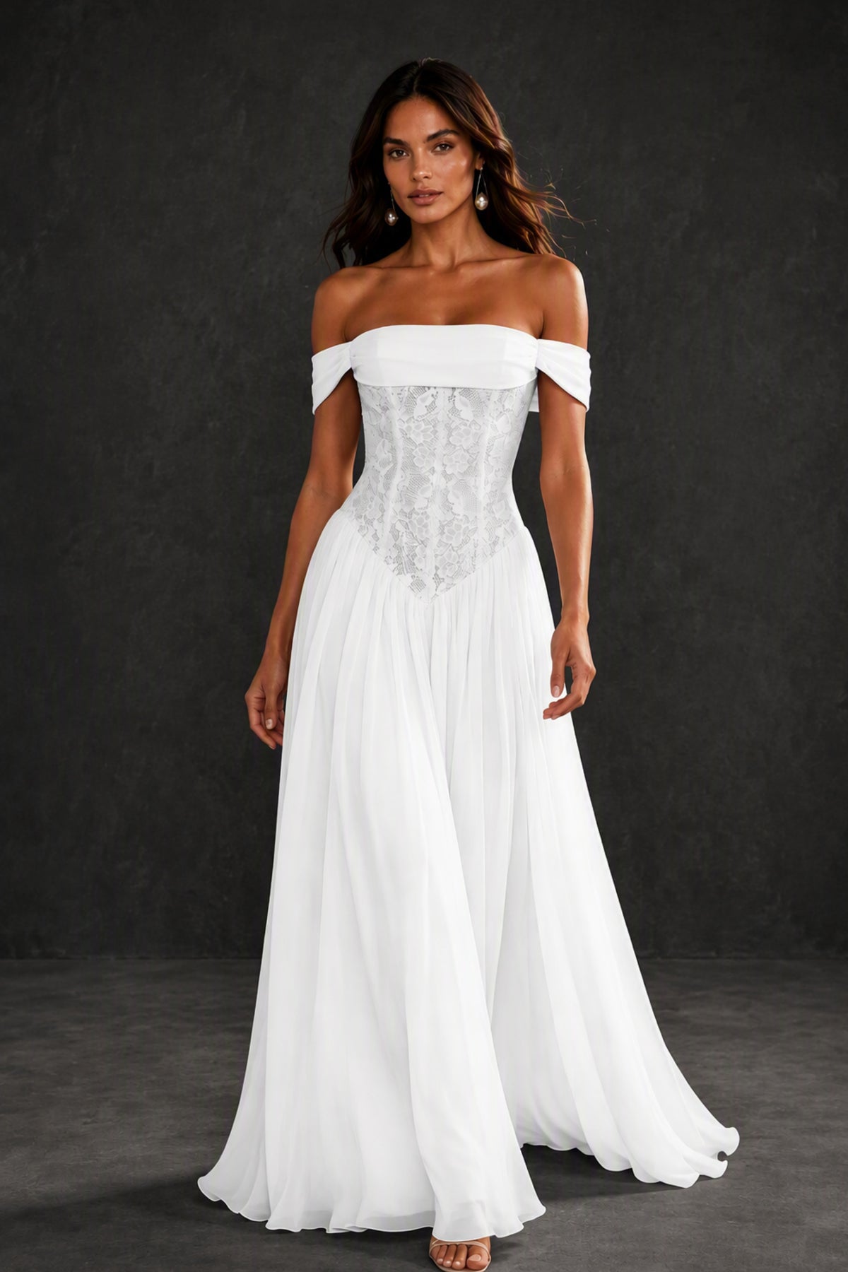 BOLODOO White Off-Shoulder Lace Corset Tulle Maxi Dress - White