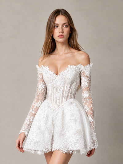 BOLODOO White Off-Shoulder Long Sleeve Sheer Lace Sequin Corset A-Line Mini Dress | Open Back Cocktail Party Dress - White