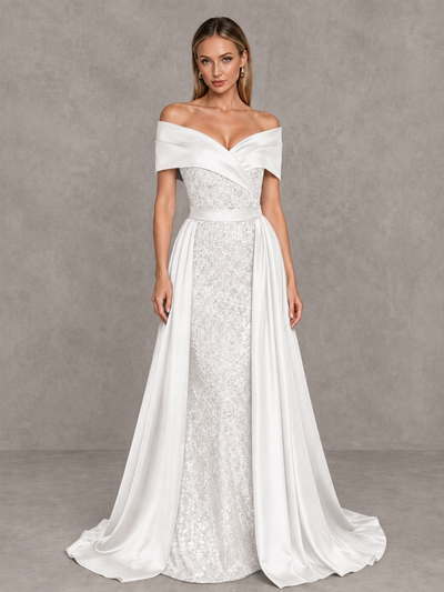 BOLODOO White Sequin Mermaid Evening Dress with Detachable Satin Overskirt and Sweep Train - White - White_1