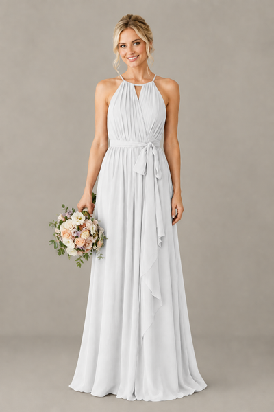 BOLODOO White Halter Chiffon Bridesmaid Dress with High Slit - White