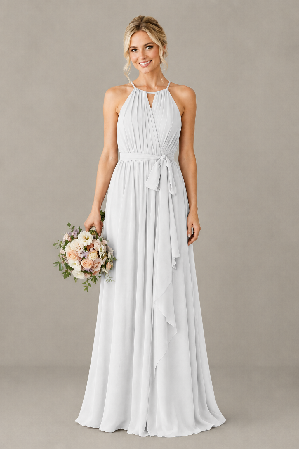 BOLODOO White Halter Chiffon Bridesmaid Dress with High Slit - White