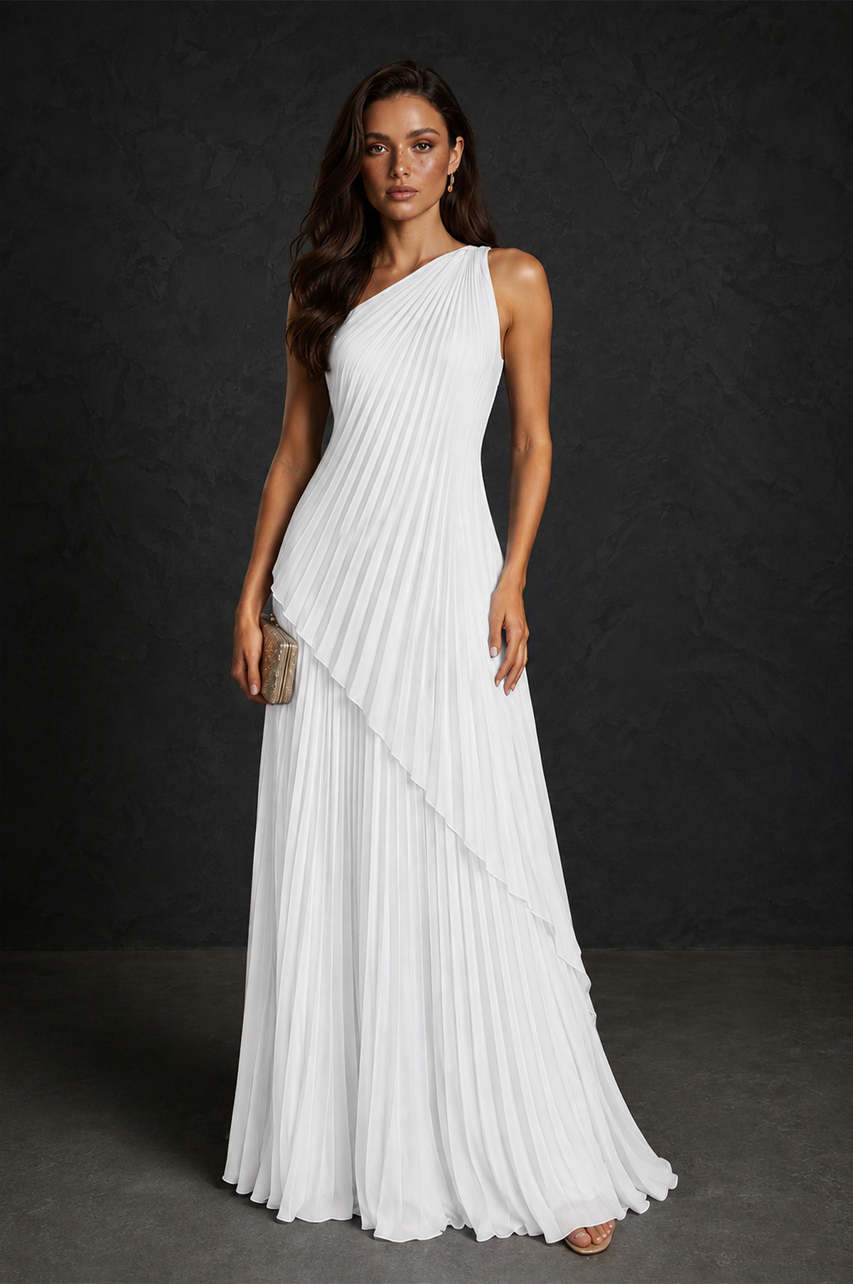 BOLODOO White One-Shoulder Sunburst Pleated Asymmetric Layered Overlay Accordion Pleated Chiffon Maxi Dress - White