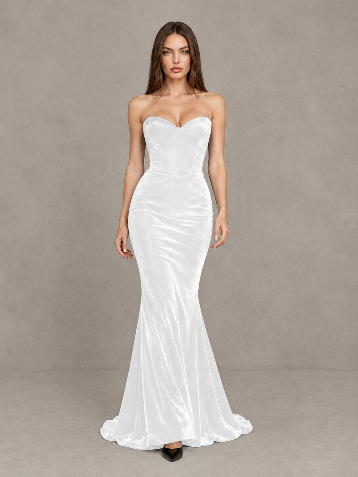 BOLODOO White Strapless Sweetheart Velvet-Look Mermaid Evening Dress - White - White_1