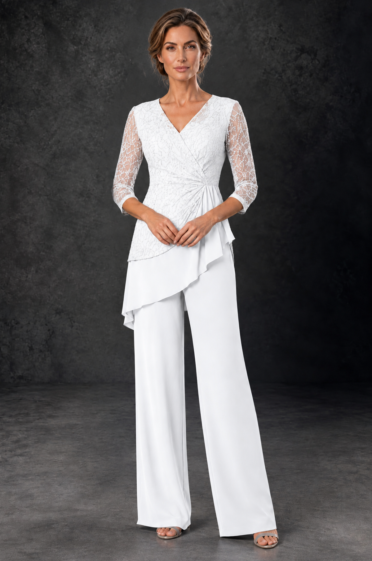 BOLODOO White Sequin Lace 3/4 Sleeve Chiffon Mother of the Bride Pant Suit - White - White_1