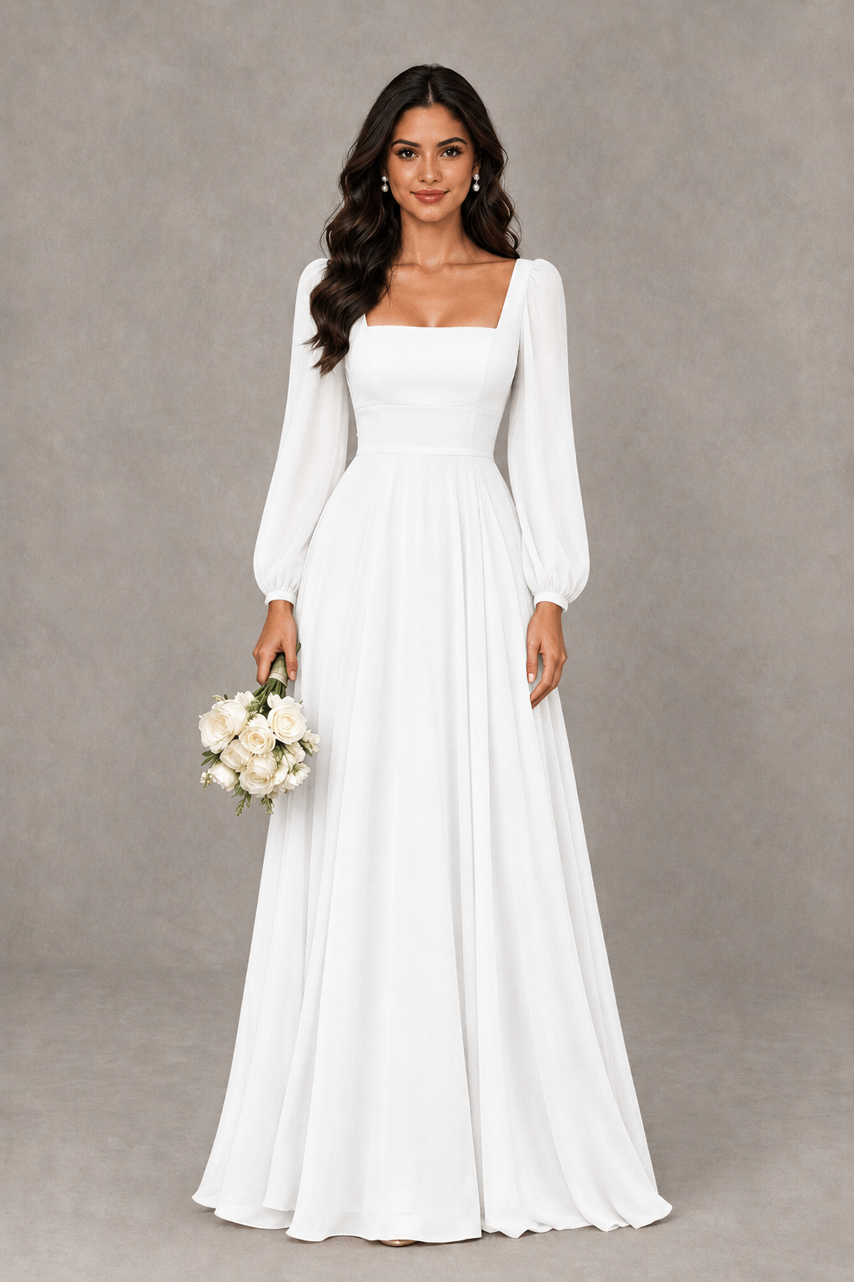 BOLODOO White Square Neck Long Sleeve A-Line Bridesmaid Dress - White - White_1