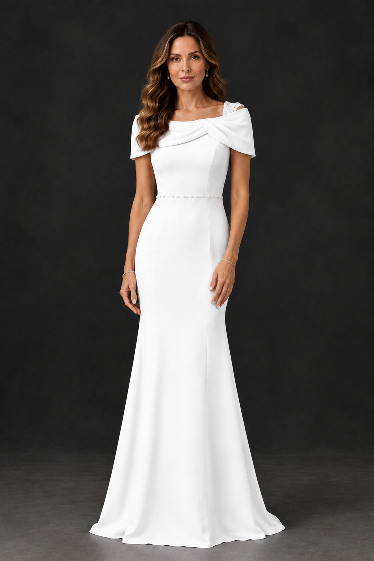 BOLODOO White Mother of the Bride Dress with Draped Cape Detail - White - White_1