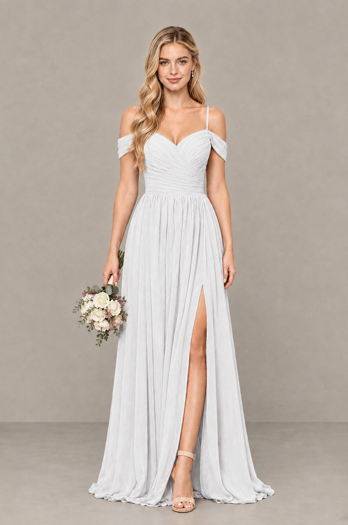 BOLODOO White Off-Shoulder Bridesmaid Dress with Slit - White