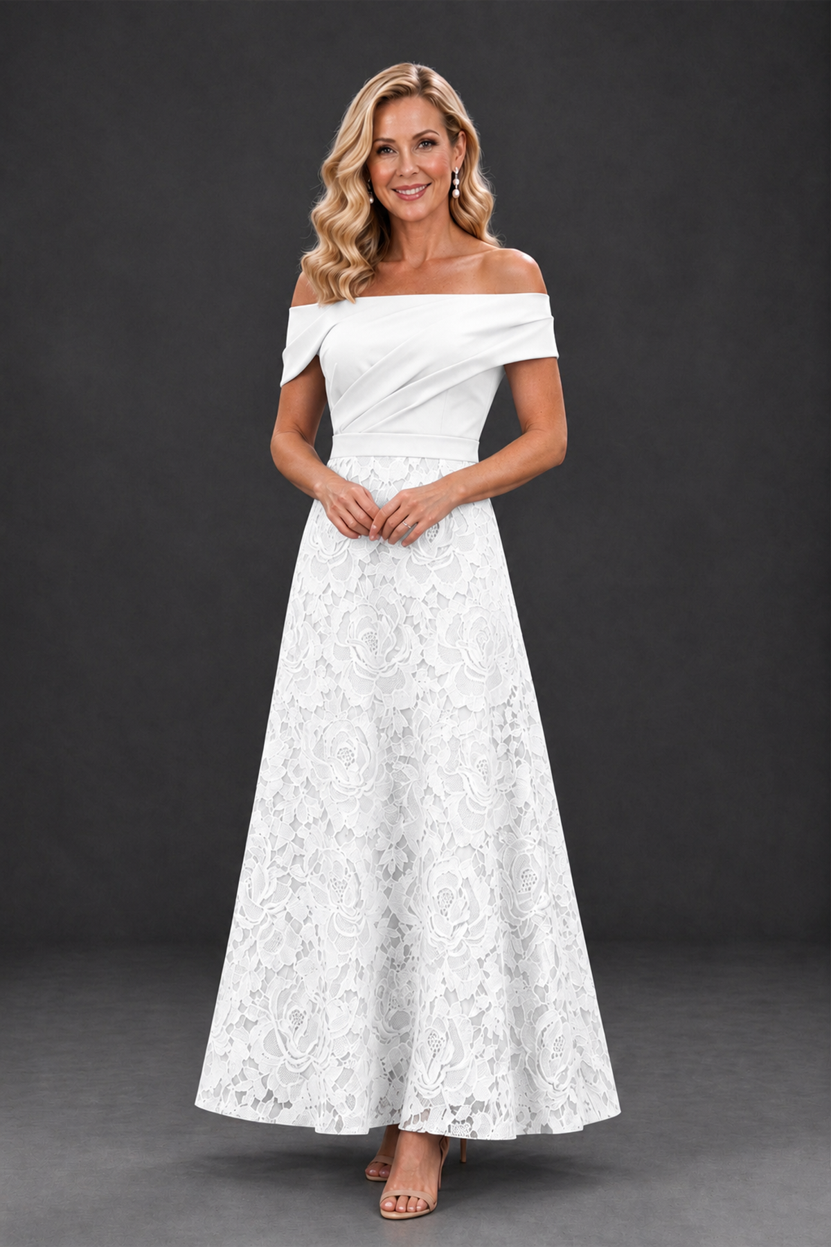 BOLODOO White Off-the-Shoulder Floral A-Line Mother of the Bride Dress - White - White_1