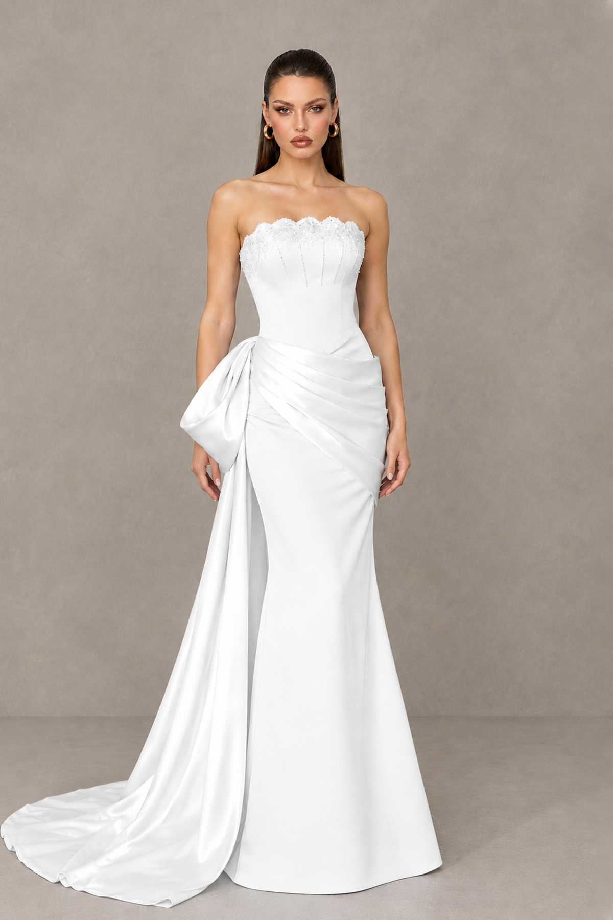 BOLODOO White Strapless Satin Prom Dress with Draped Side Train - White - White_1