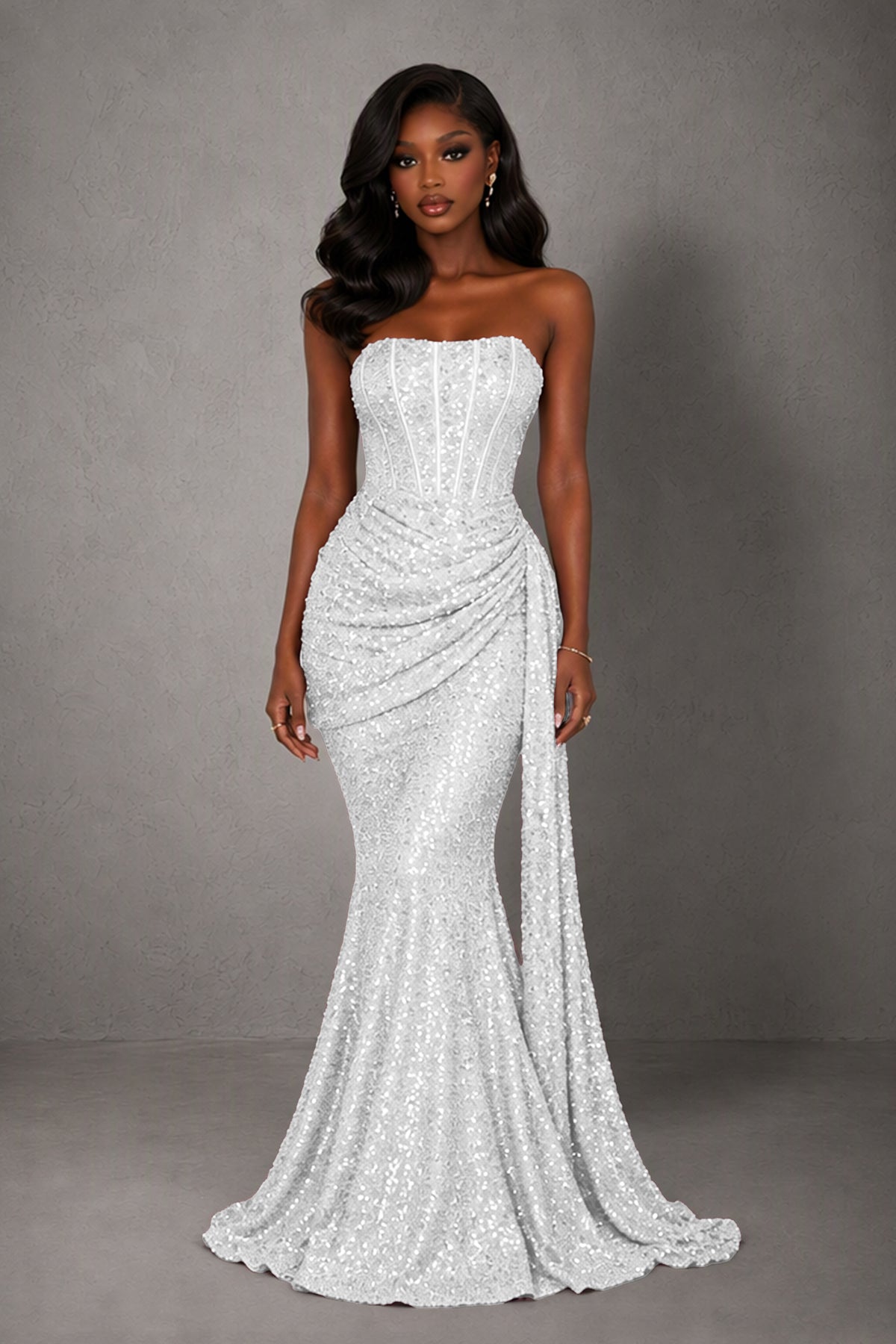 BOLODOO White Sequin Strapless Corset Mermaid Evening Gown with Train - White