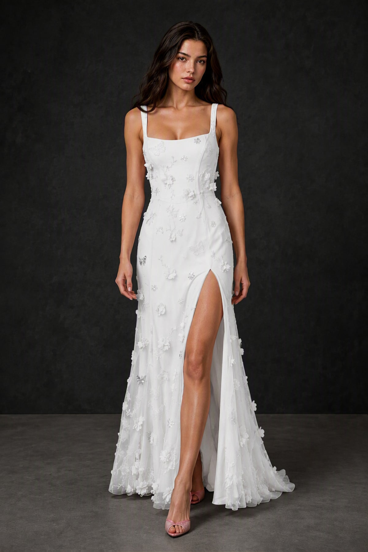 BOLODOO White 3D Butterfly Floral Tulle Maxi Gown – Lace-Up Back Slit Formal Dress - White