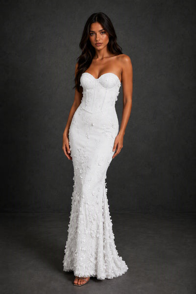 BOLODOO White 3D Floral Sequin Corset Strapless Mermaid Gown - White