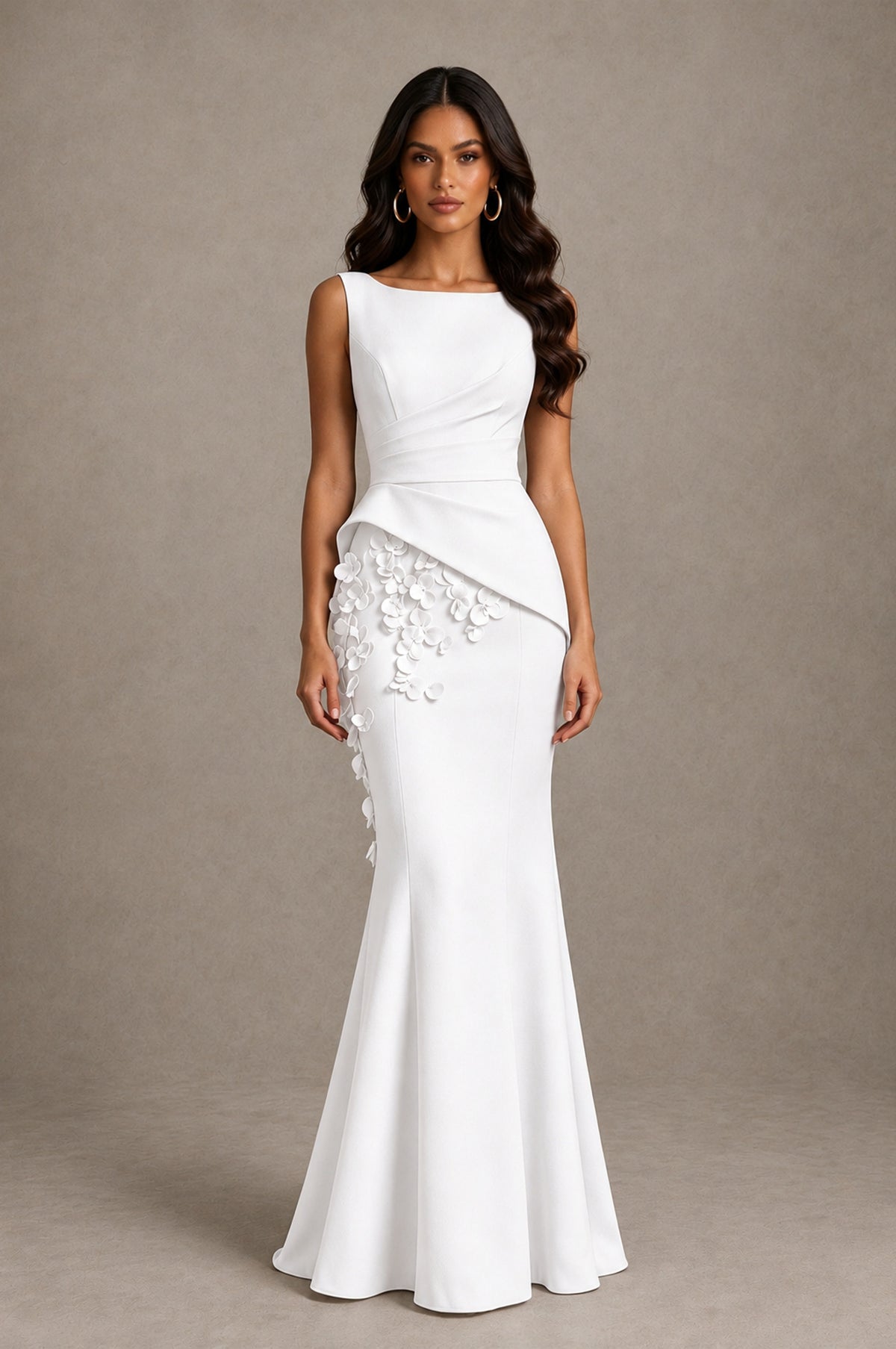 BOLODOO White Bateau Neck Sleeveless Asymmetric Peplum 3D Petal Appliqué Mermaid Gown BD0421 - White - White_1