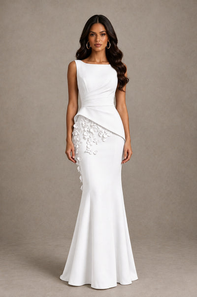 BOLODOO White Bateau Neck Sleeveless Asymmetric Peplum 3D Petal Appliqué Mermaid Gown BD0421 - White - White_1