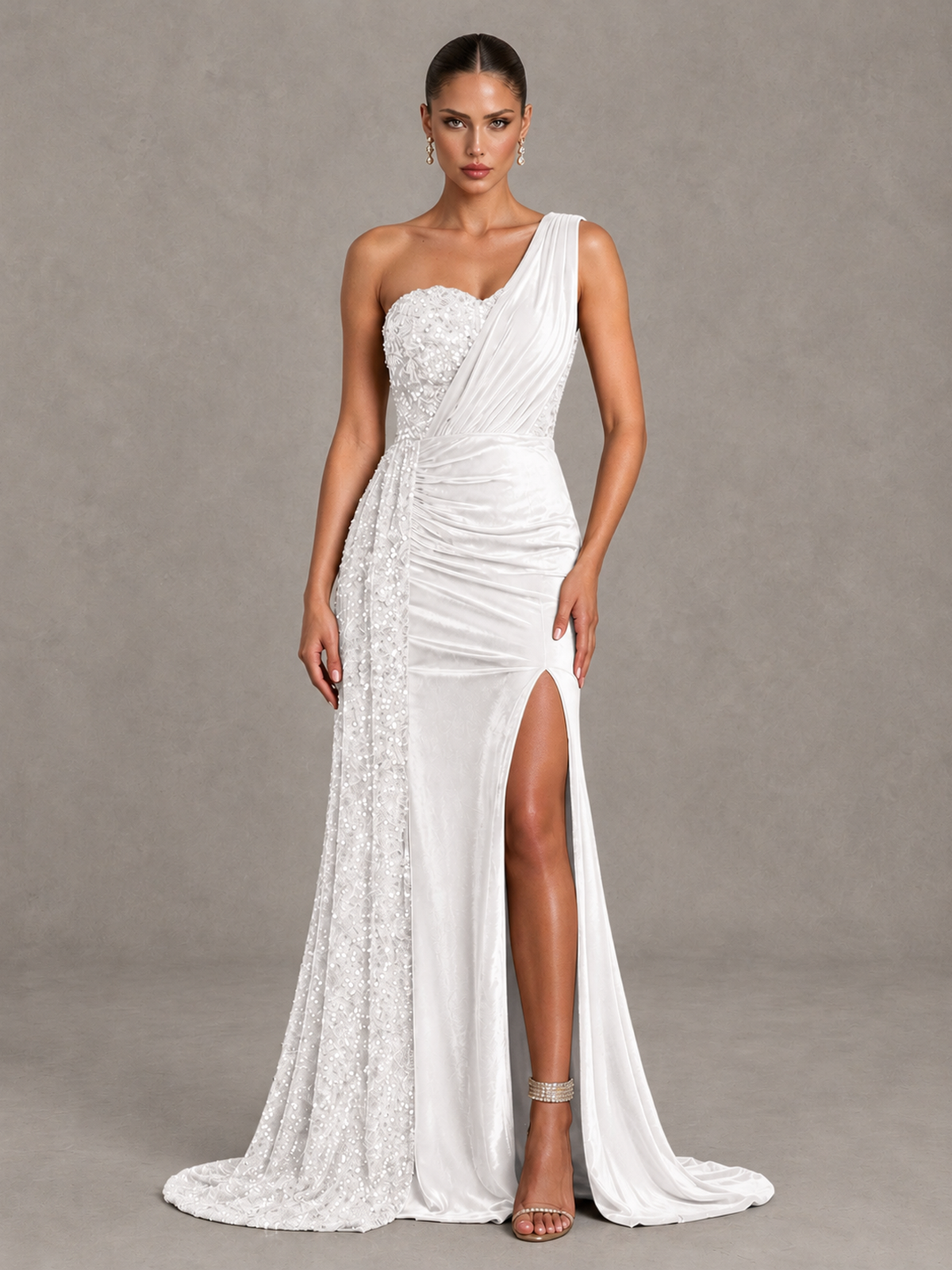 BOLODOO White One-Shoulder Satin Sequin Gown with High Slit - White - White_1