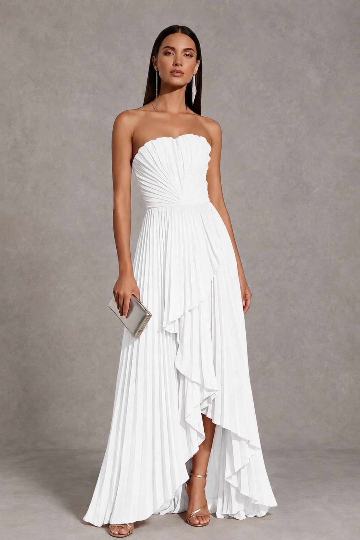 White Strapless Pleated High-Low Evening Gown with Ruffle Hem - White