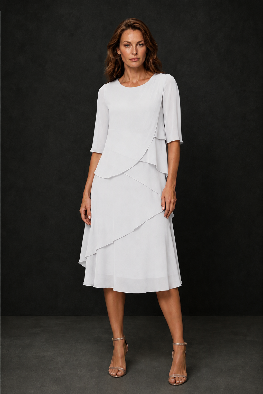 BOLODOO White Chiffon 3/4 Sleeve Asymmetric Tiered Tea Length Dress | Mother of the Bride Midi Dress - White