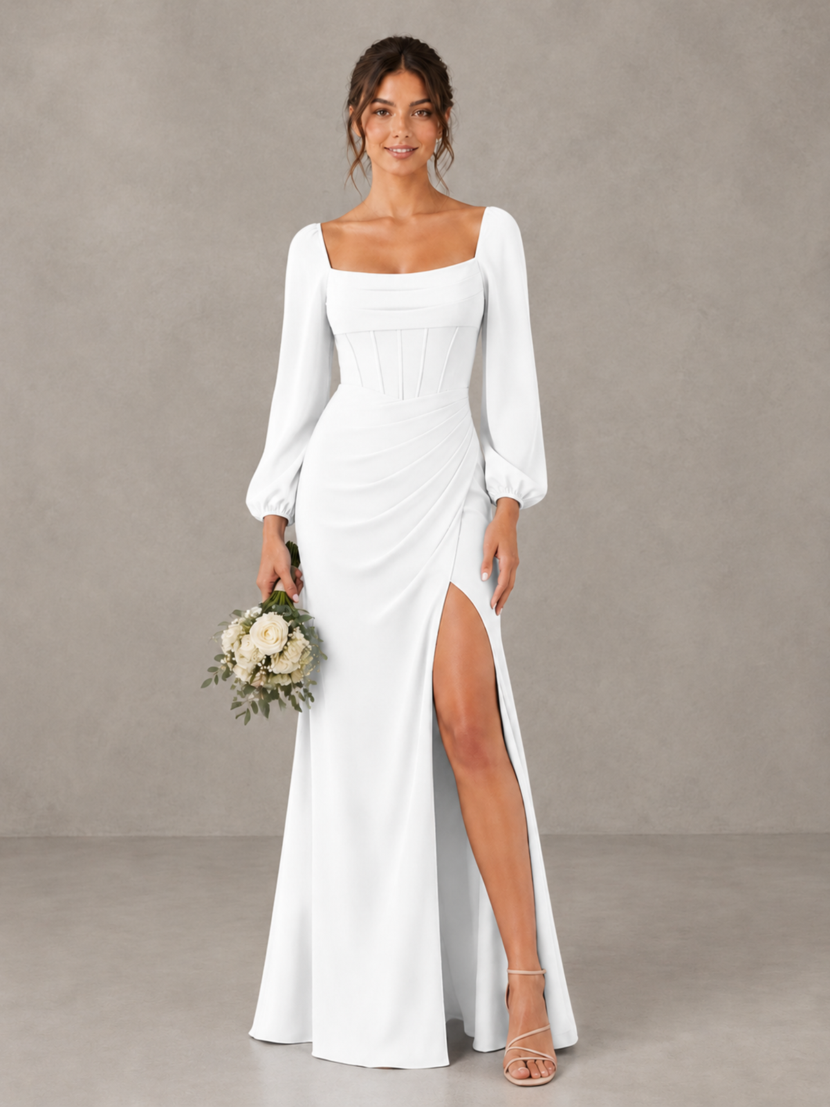 BOLODOO White Square Neck Long Sleeve Bridesmaid Dress with High Slit - White - White_1