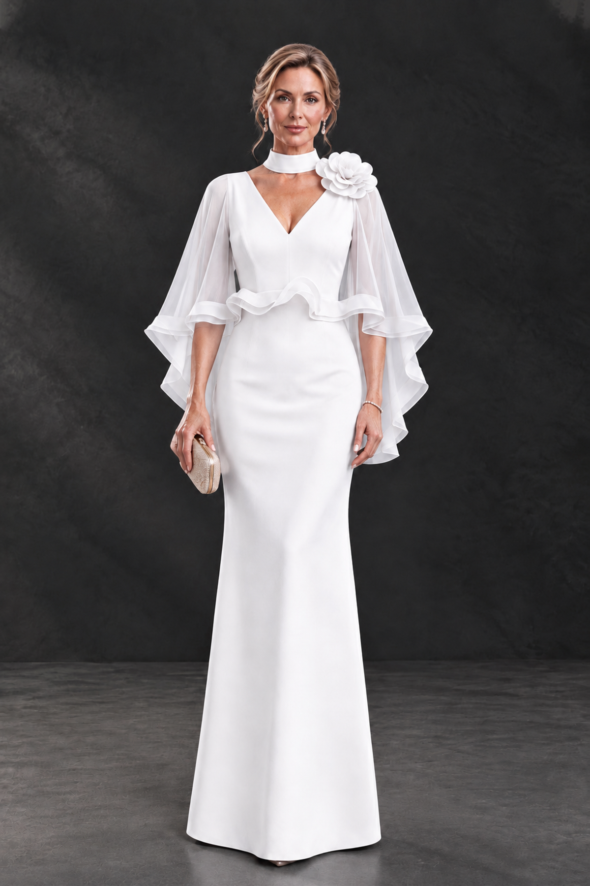 BOLODOO White Floral Cape Sleeve Mother of the Bride Dress - White - White_1