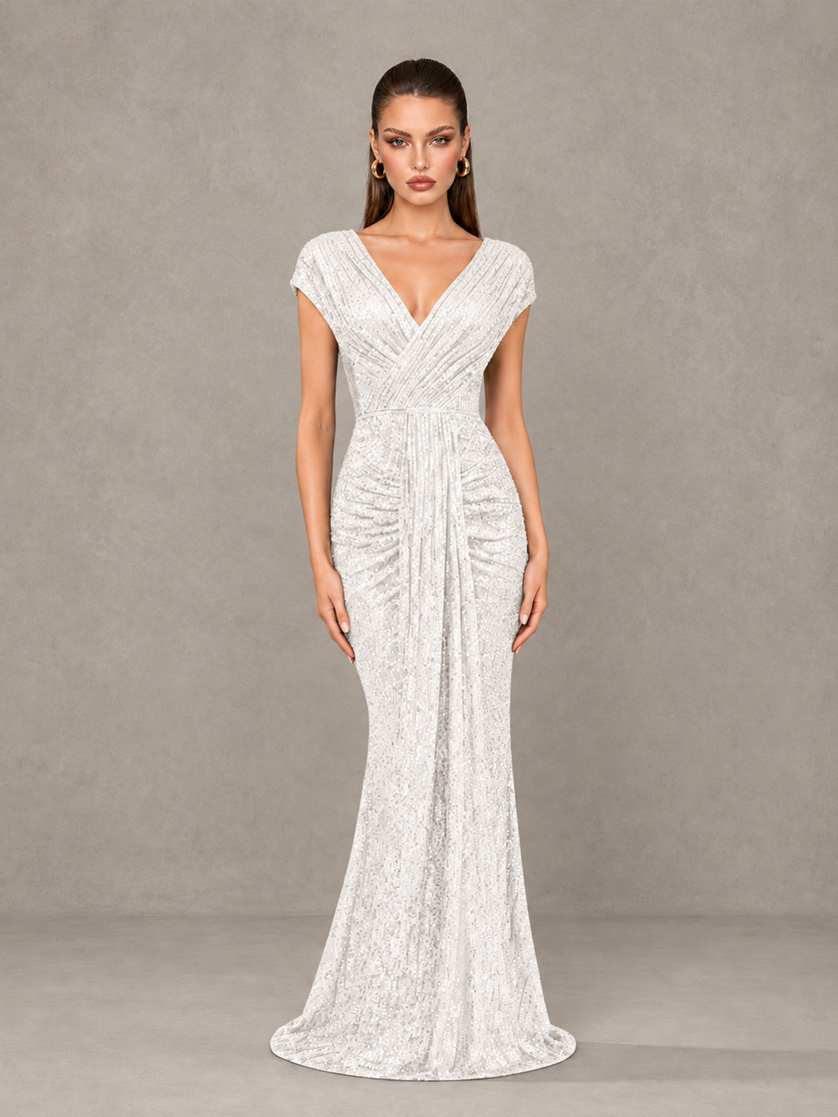 BOLODOO White Glitter V-Neck Cap Sleeve Ruched Mermaid Evening Gown - White - White_1