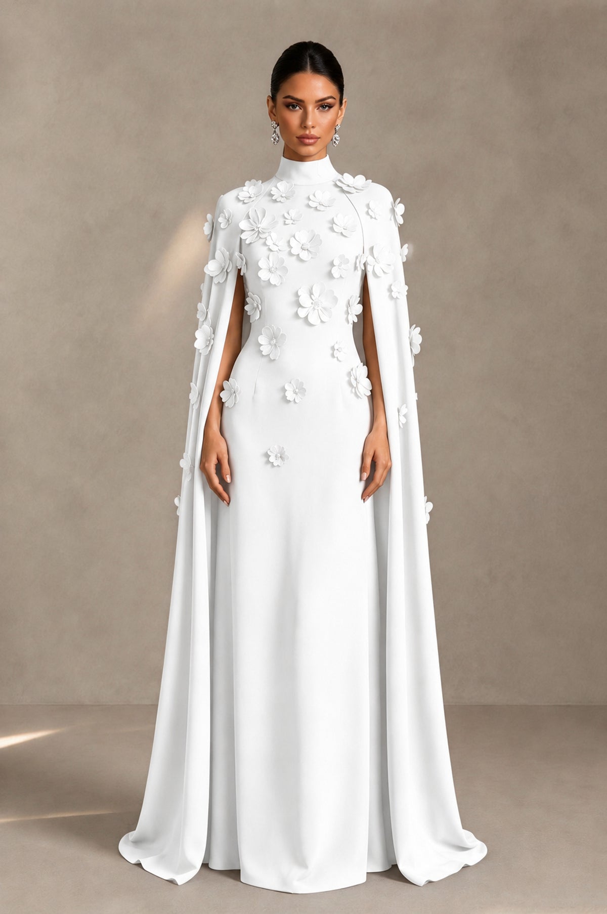 BOLODOO White 3D Floral Applique Cape Formal Dress - White - White_1