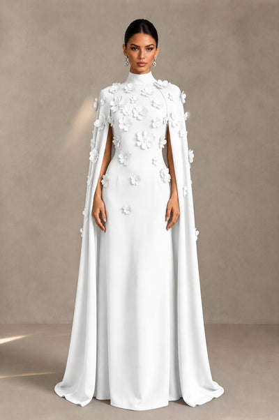 BOLODOO White 3D Floral Applique Cape Formal Dress - White - White_1