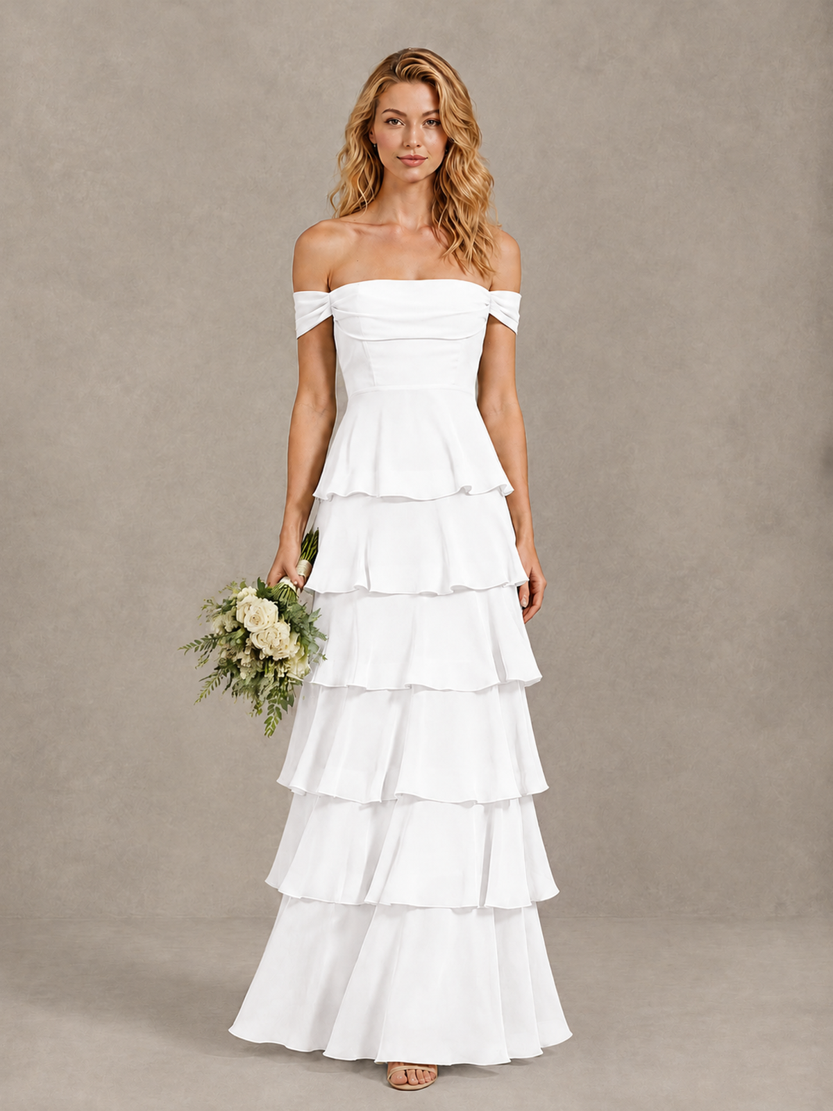 BOLODOO White Off-Shoulder Tiered Ruffle Bridesmaid Dress with Lace-Up Back - White - White_1
